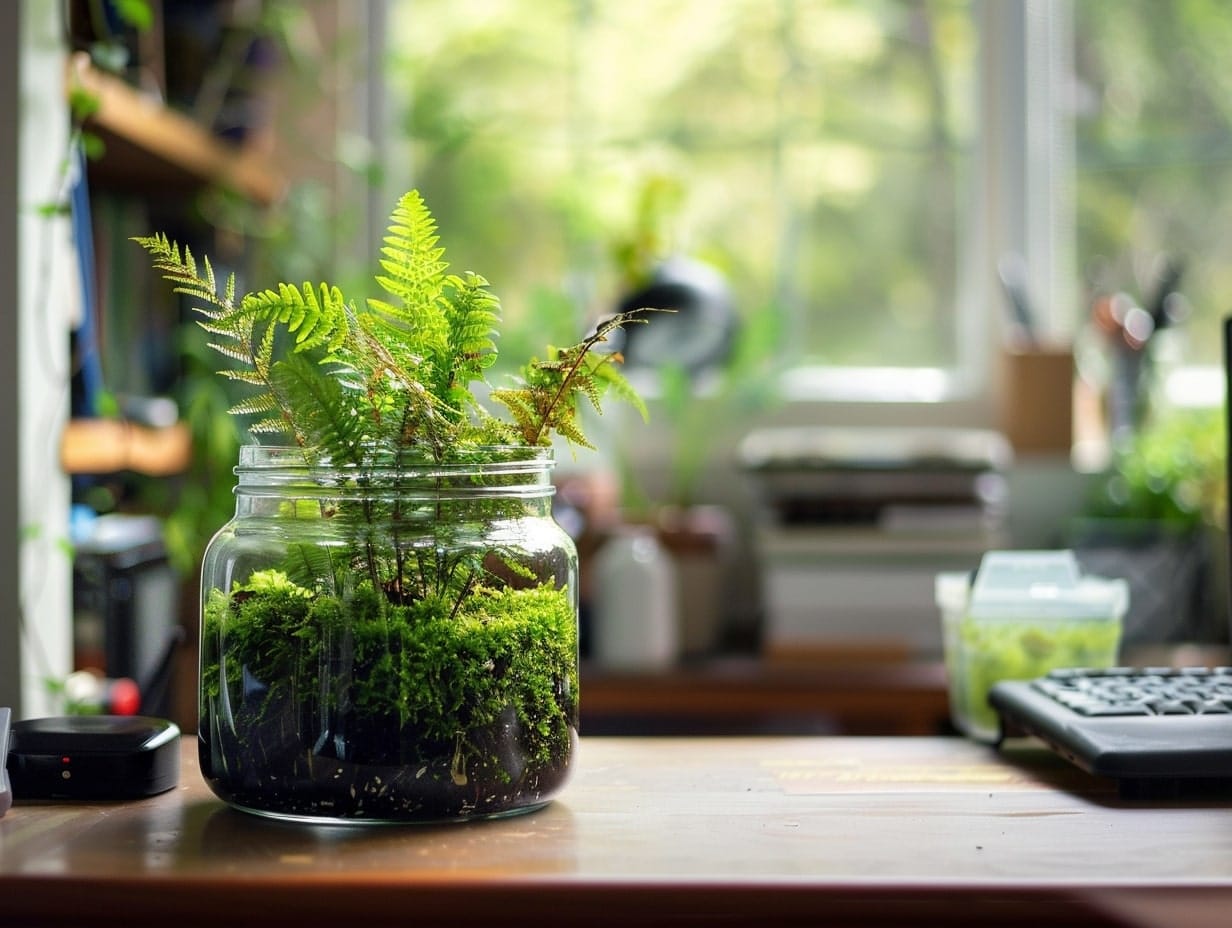 A terrarium filled with small ferns and mosses placed on a work desk