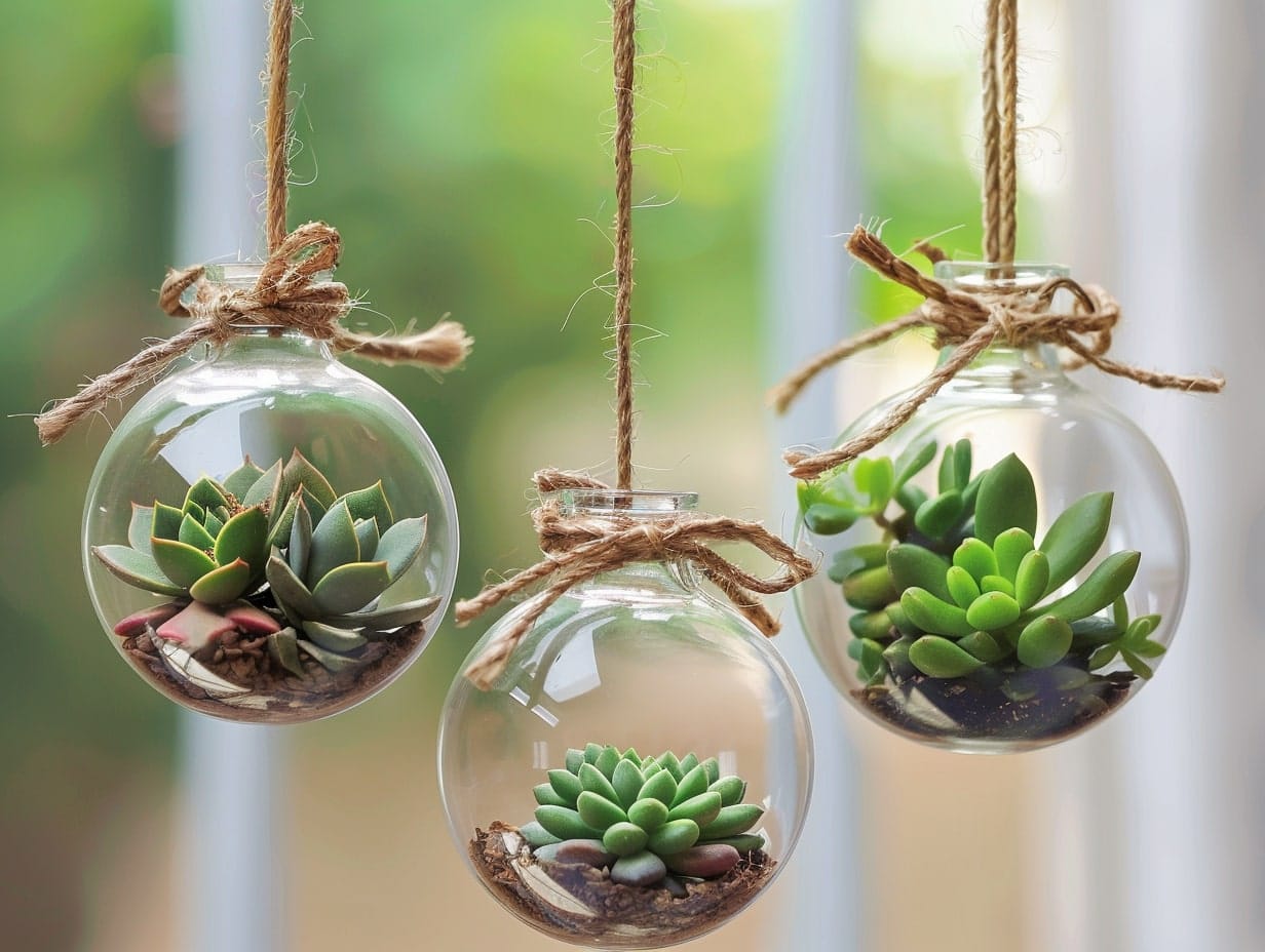 Glass terrariums with plants hanging from the ceiling