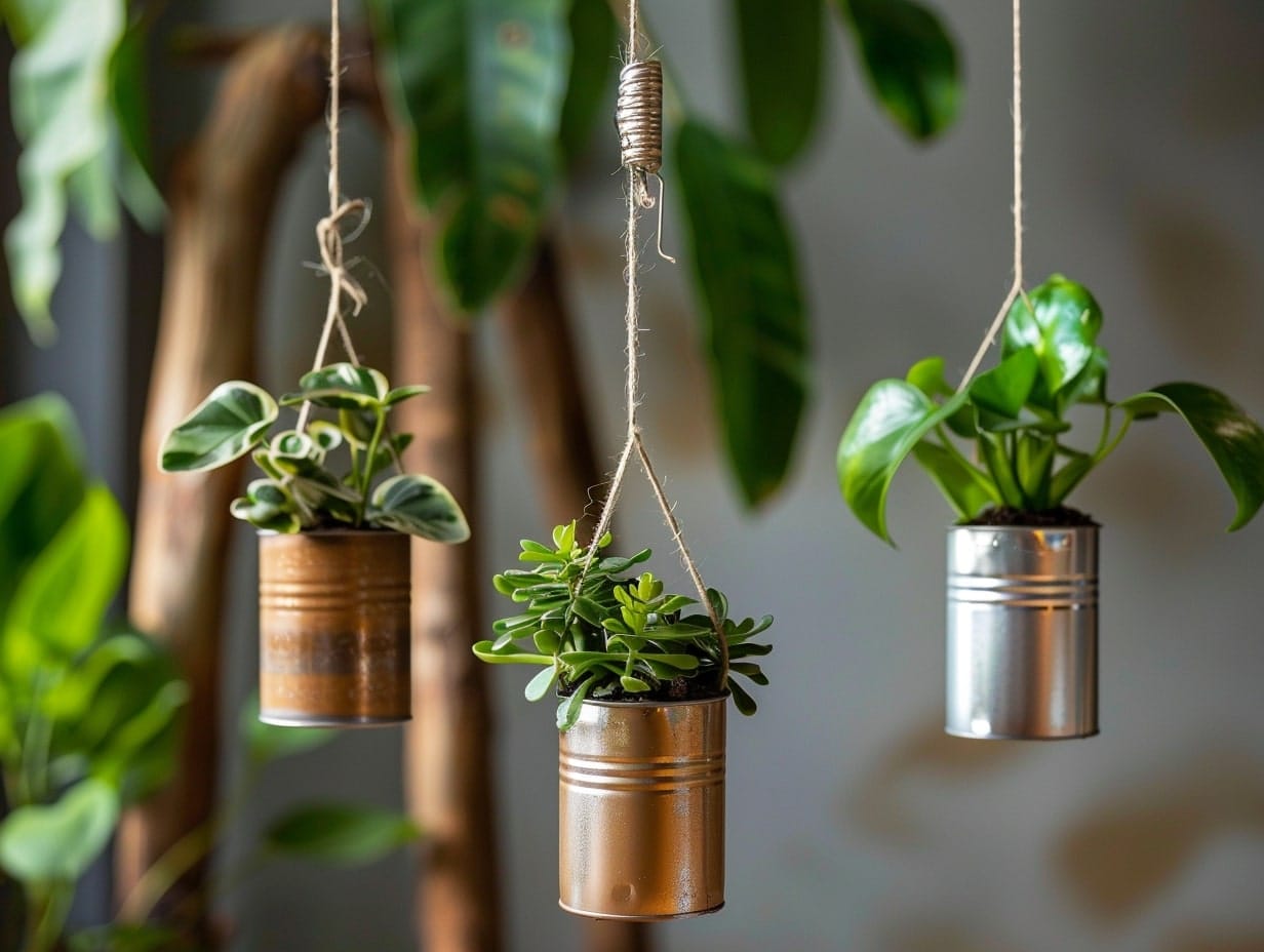 Tin cans used as hanging planters