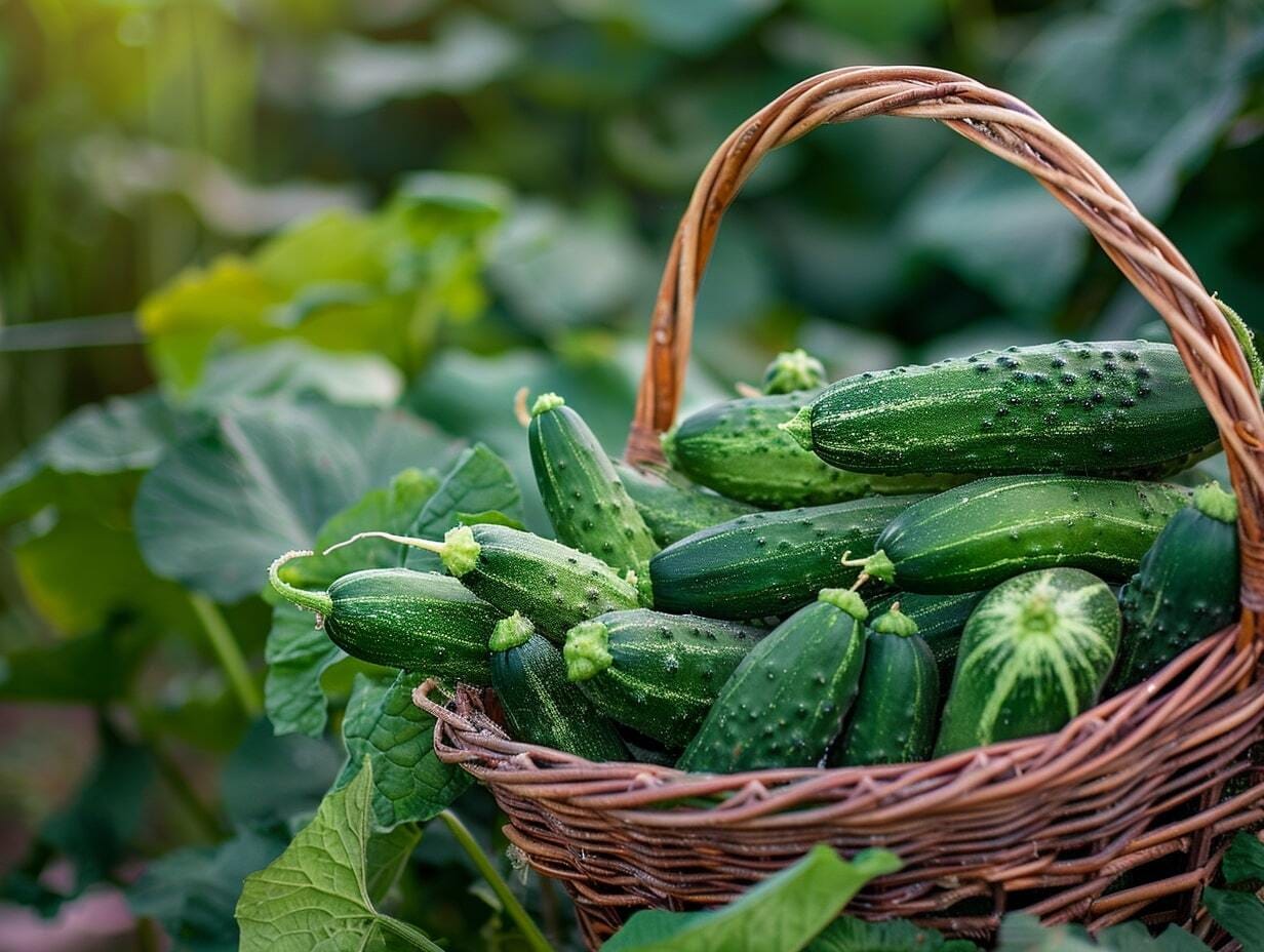 Different varieties of cucumbers in a basket