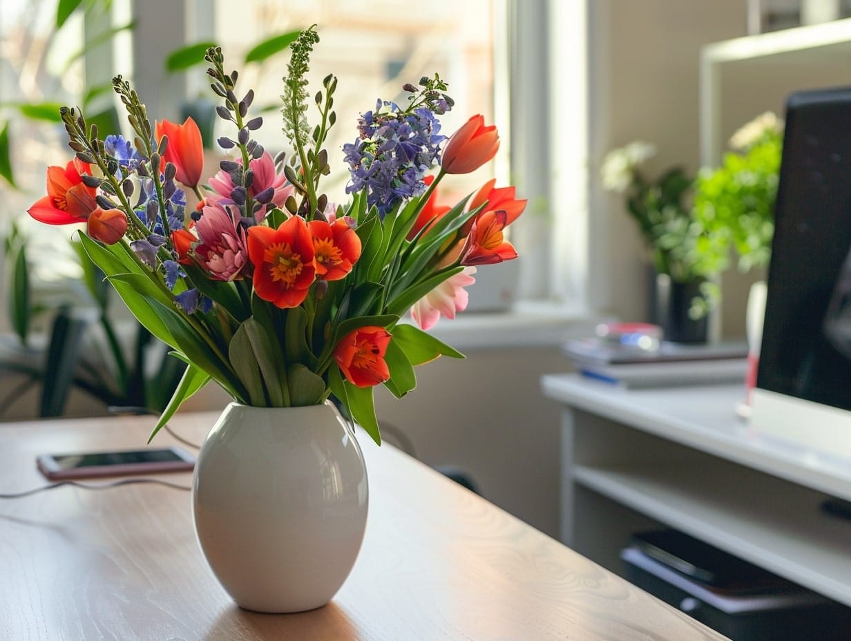 A vase with fresh flowers decorated on a work desk