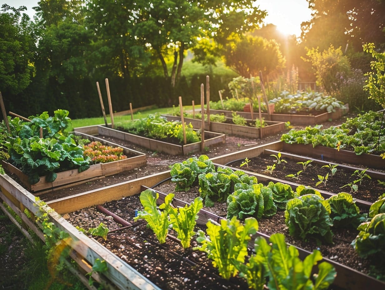 A vegetable garden with evenly spaced rows of vegetables and herbs