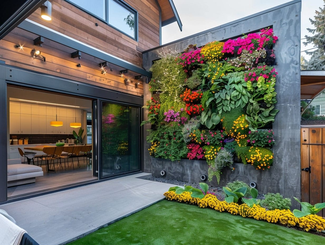A backyard wall comprising a floral vertical garden