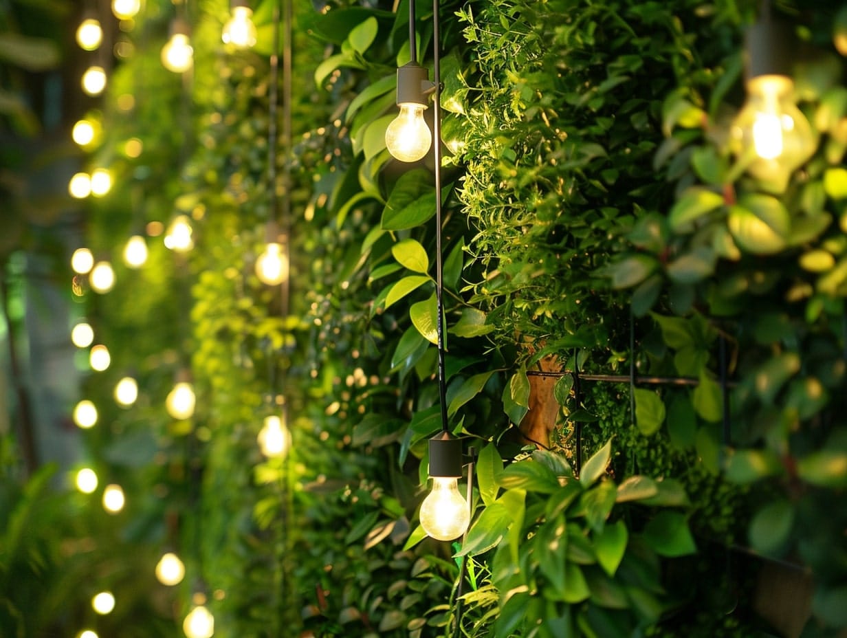 A vertical garden illuminated with bulb string lights