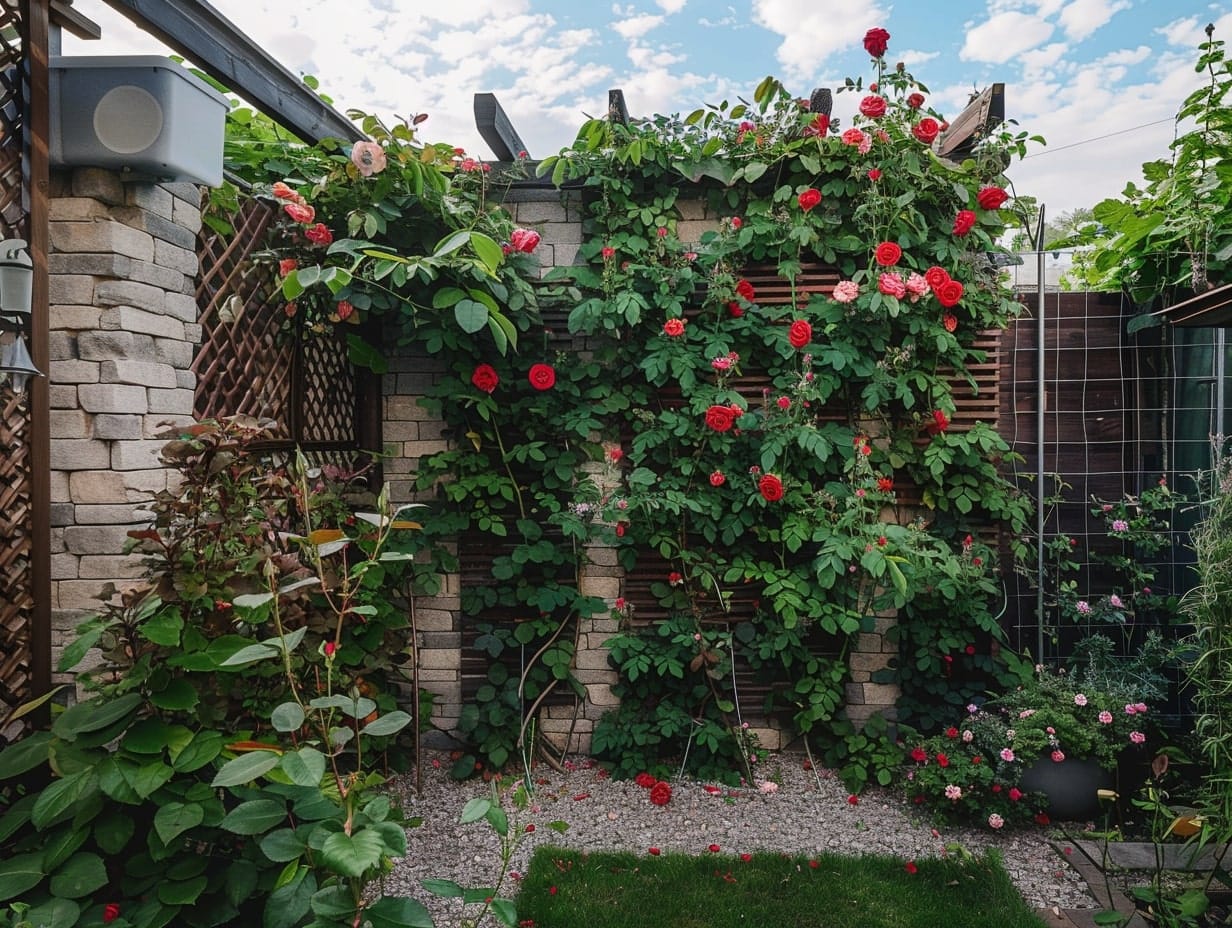 A vertical garden with red roses and climbing vines