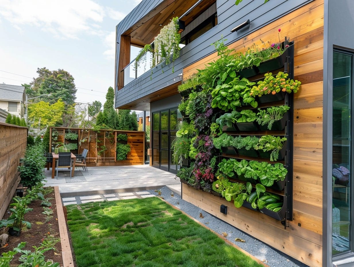 A vertical vegetable garden in a backyard