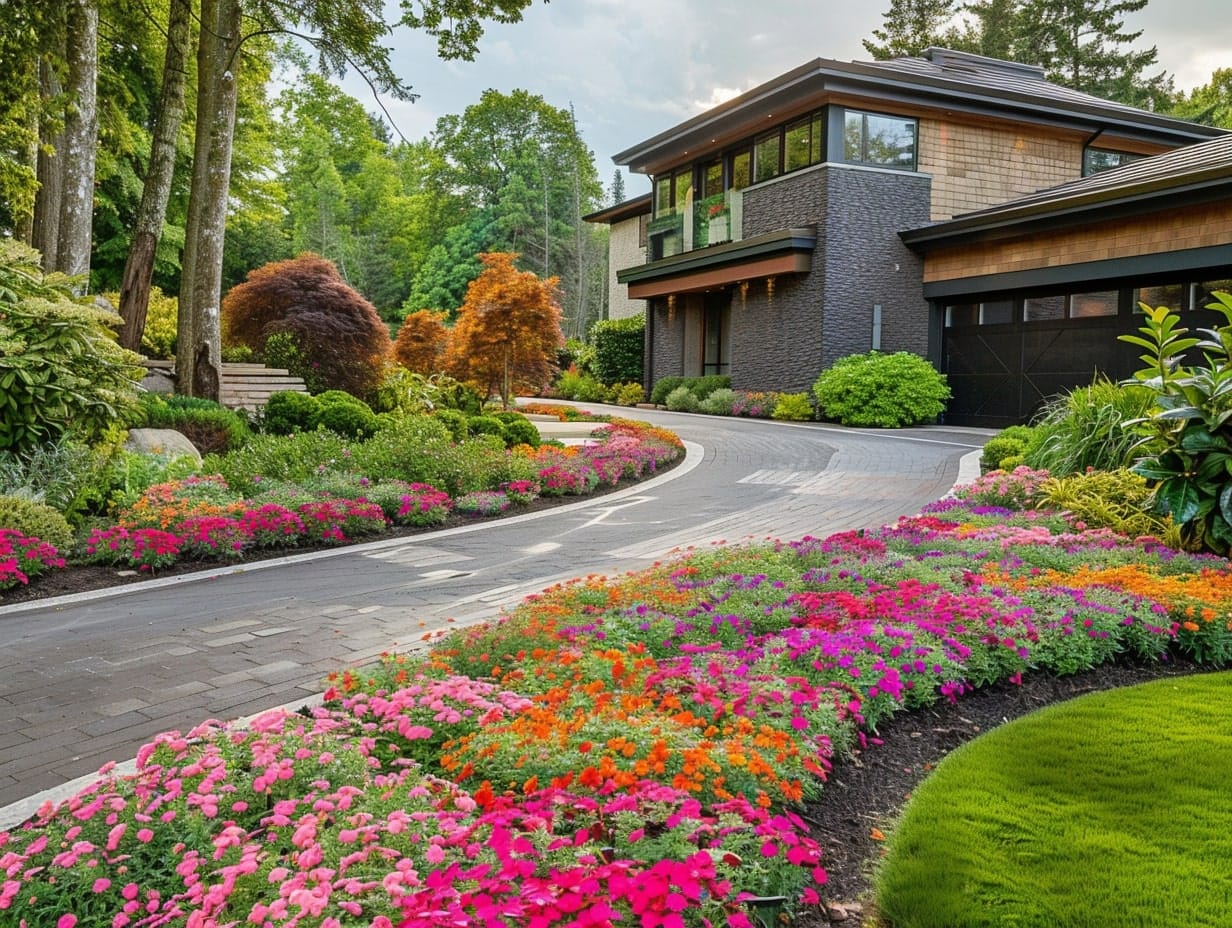 Vibrant flowers decorating a driveway