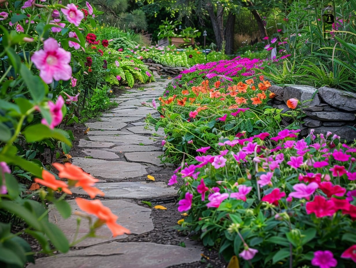 A garden walkway lined with low-growing flowers