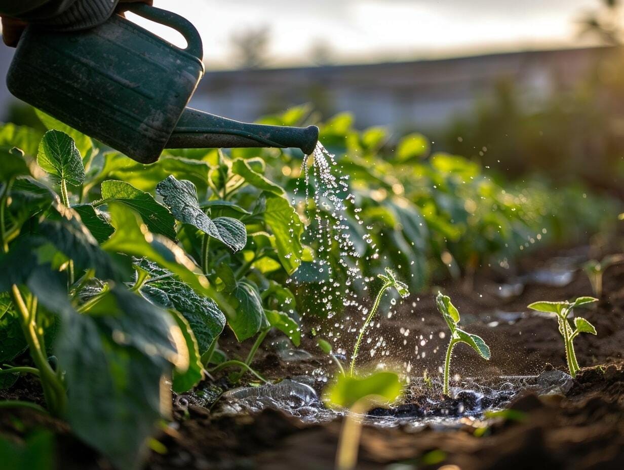 Someone watering cucumber plants in a garden