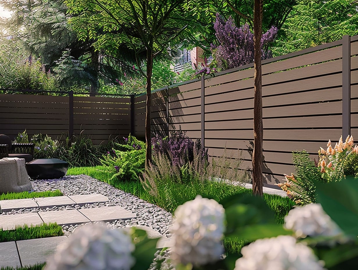 Vinyl privacy screens used to create a garden fence