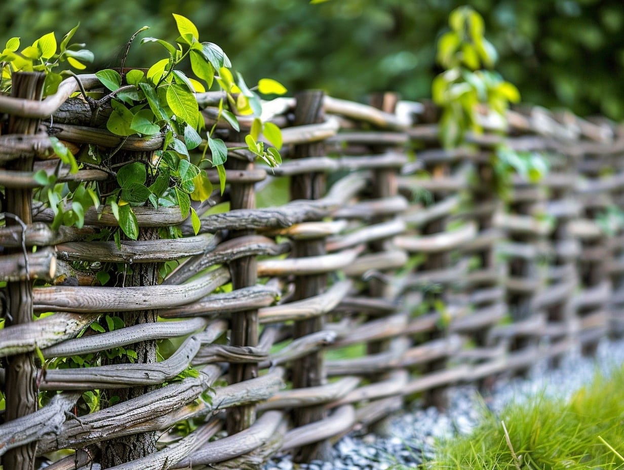 Branches weaved together to form a garden fence