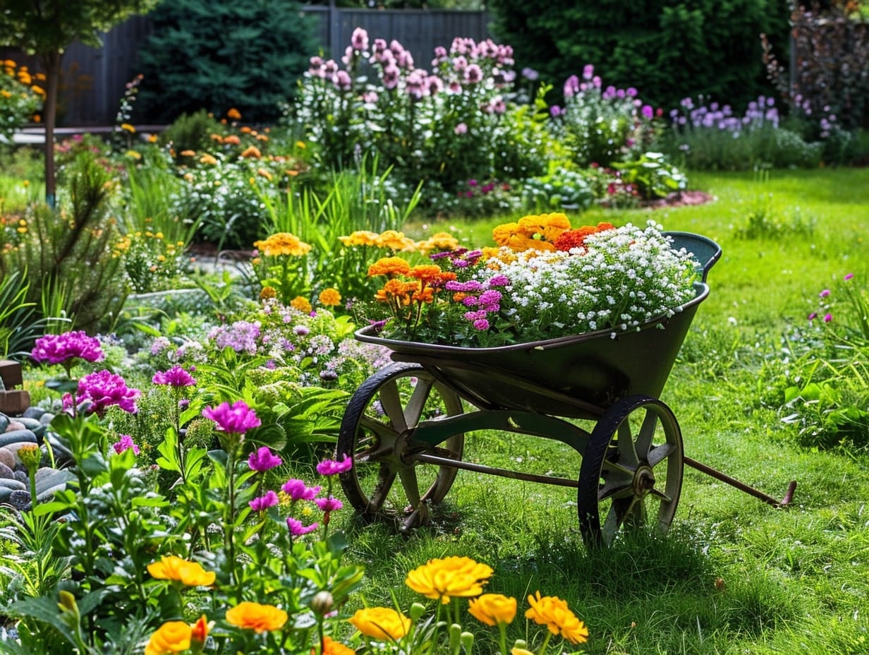 A wheelbarrow garden with flowers