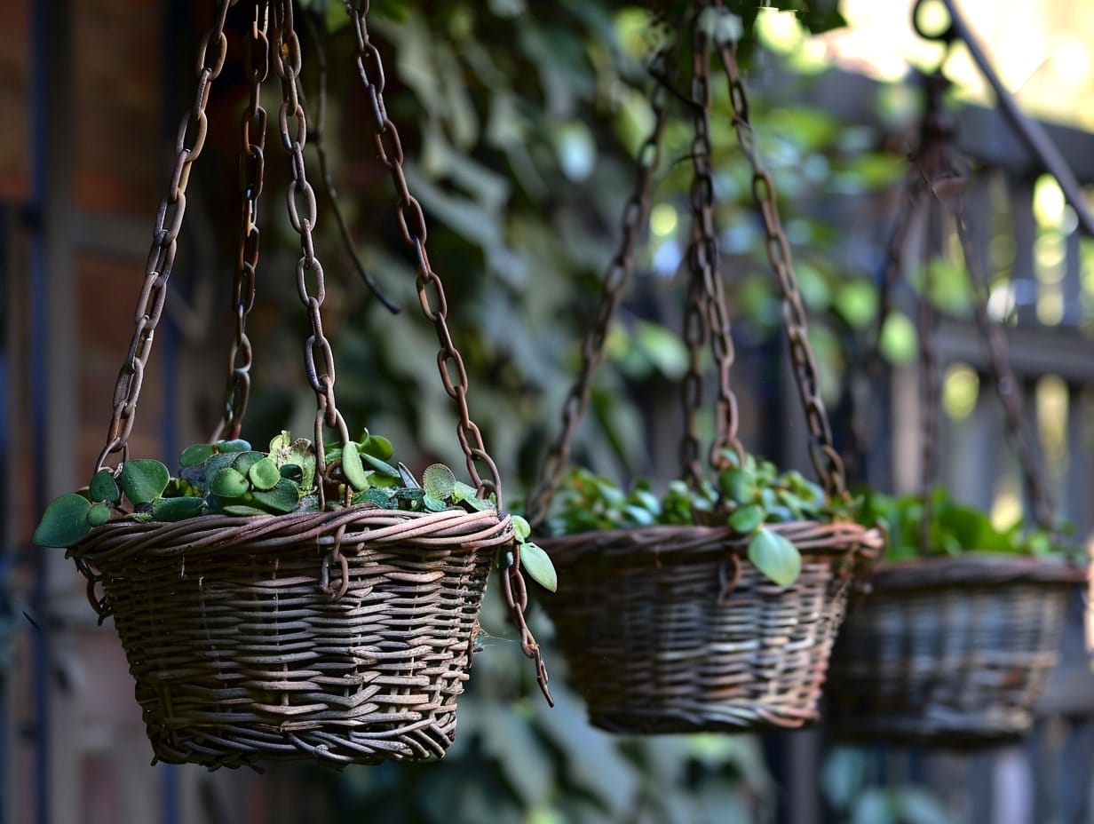 Classic wicker hanging planters in a yard