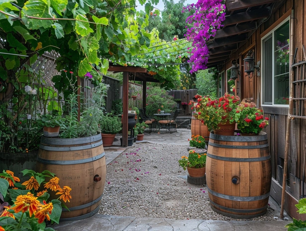 A garden with repurposed barrels used as planters
