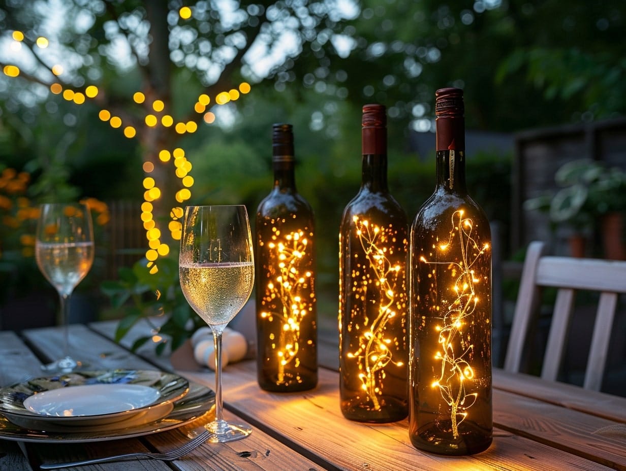 Recycled wine bottles filled with fairy lights and placed on an outdoor dining table