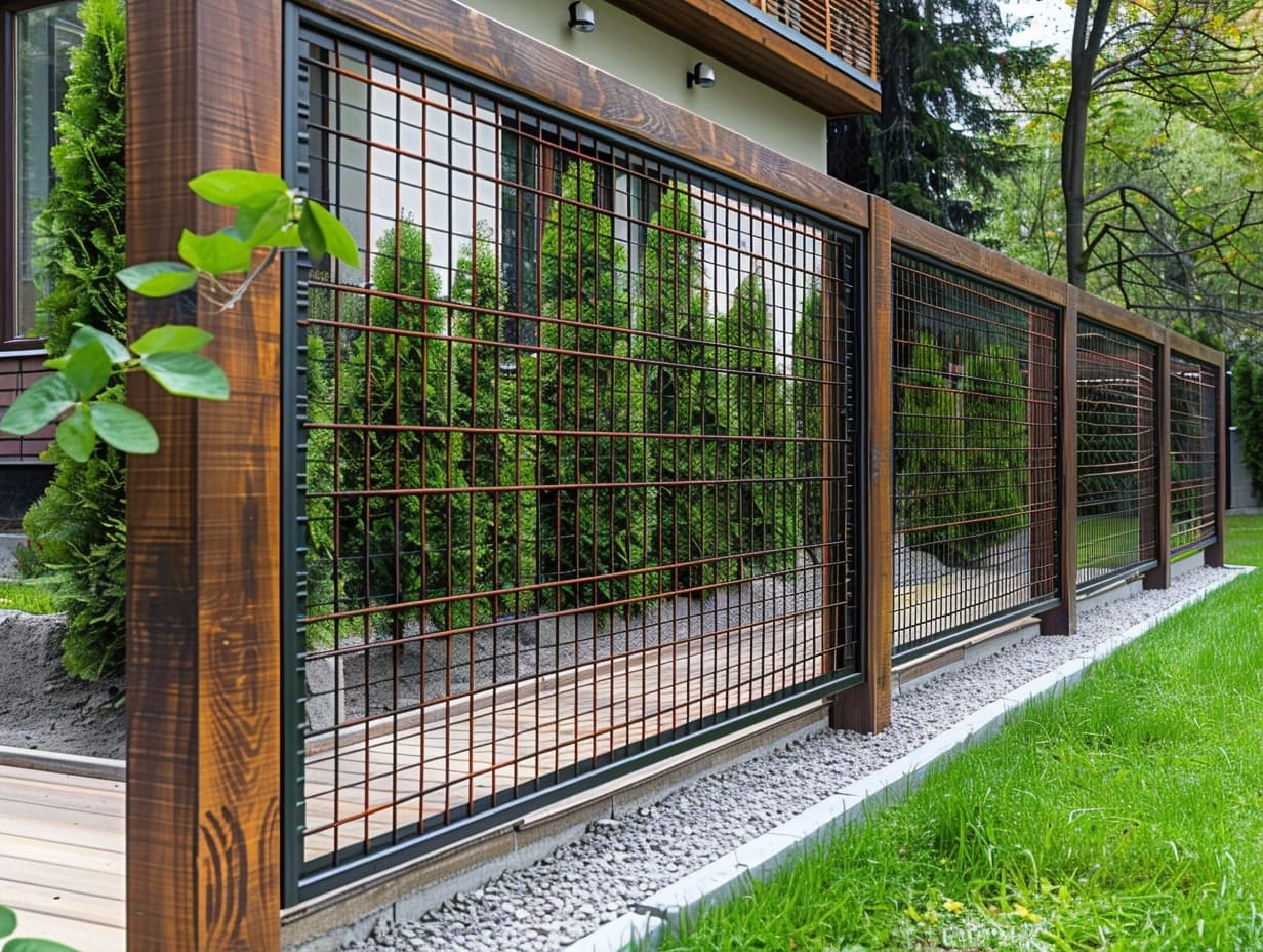 A wire mesh fence with wooden frames