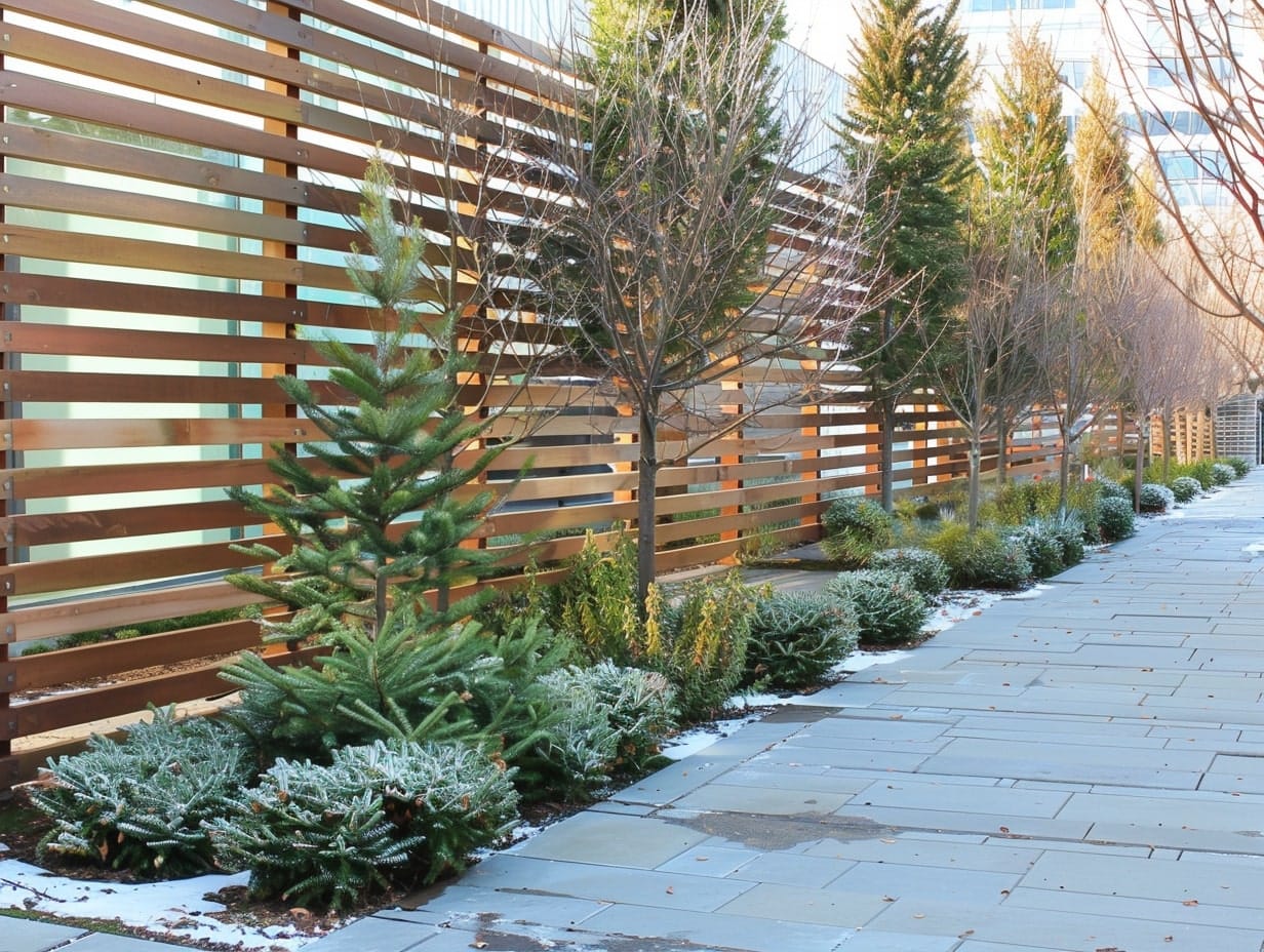 A wooden slat snow fence for a garden