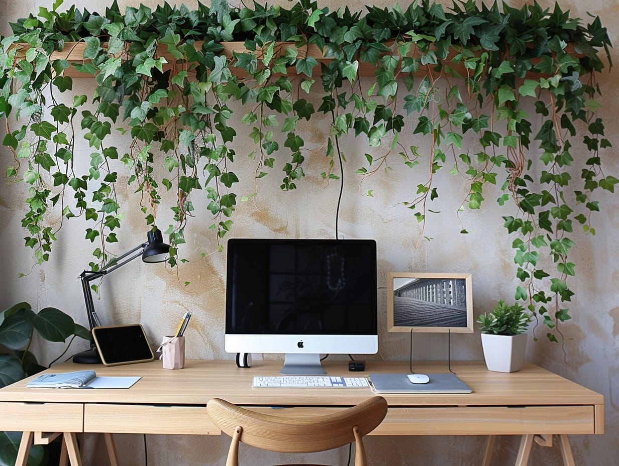 A work desk covered with hanging vines