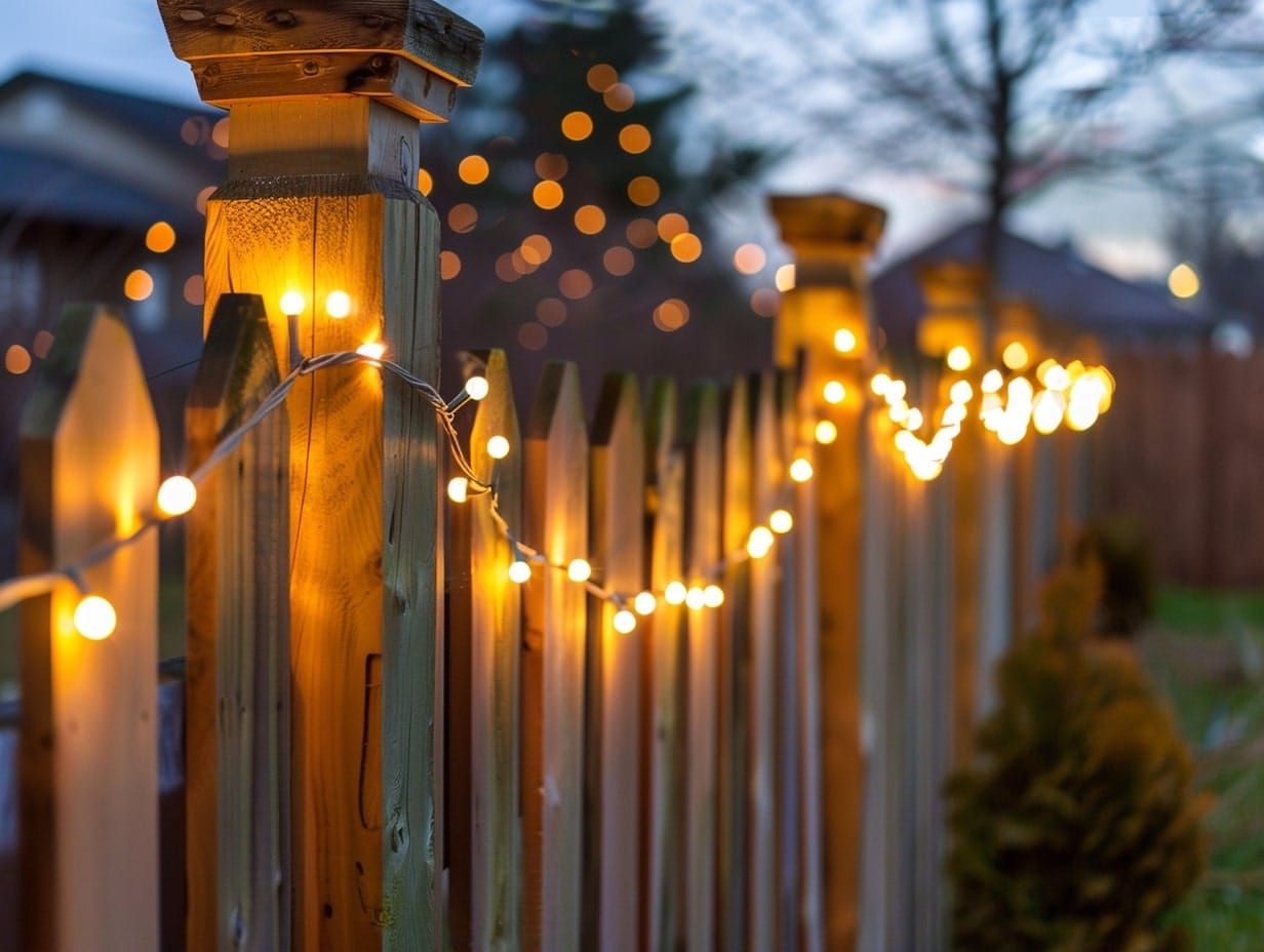 A yard fence decorated with string lights