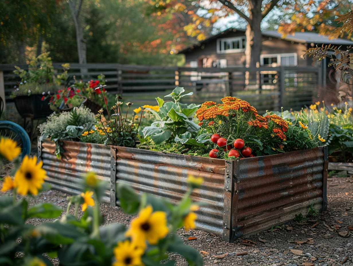 A raised garden bed in a backyard made from corrugated metal sheets