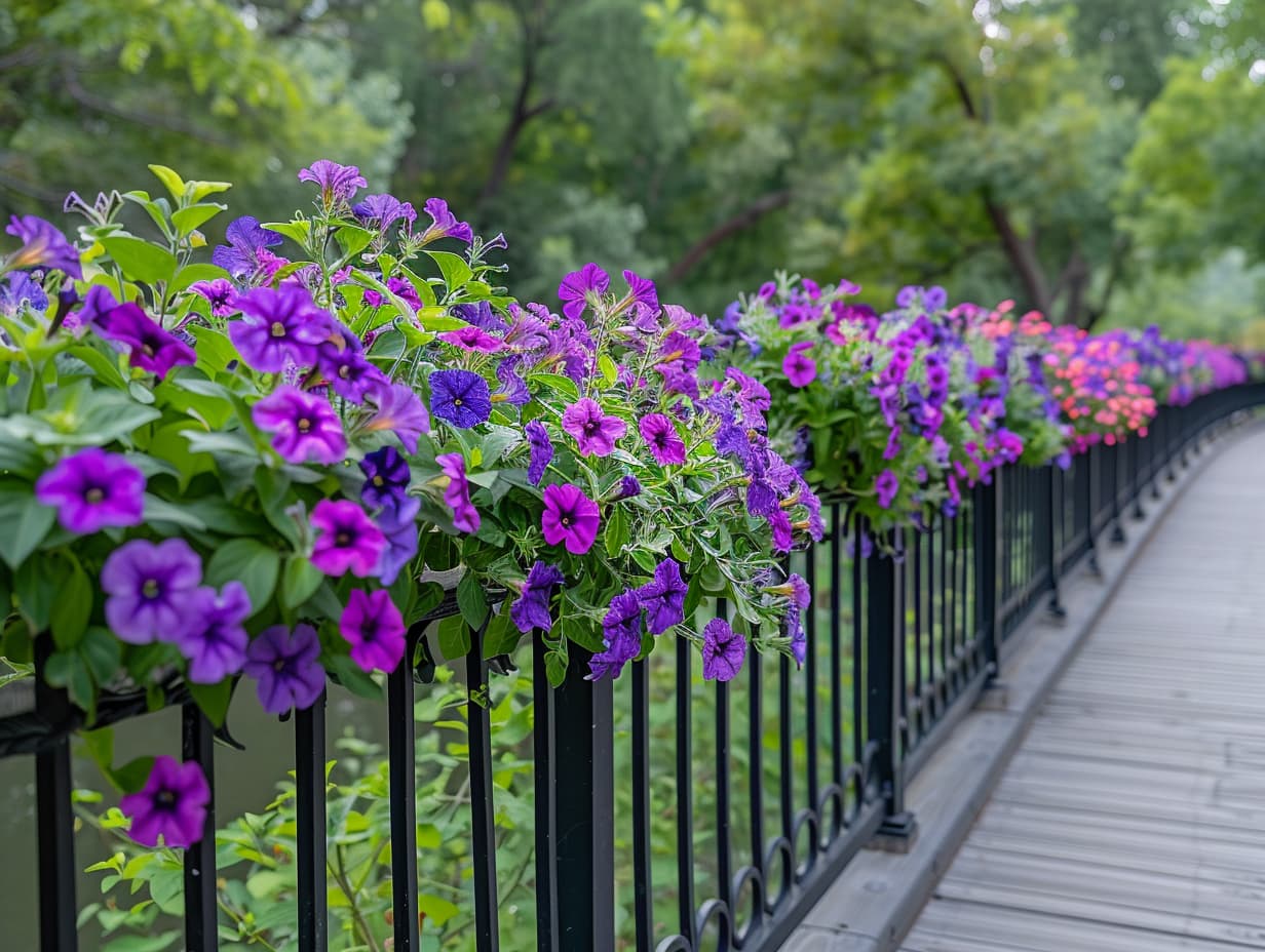 A pedestrian bridge decorated with petunias