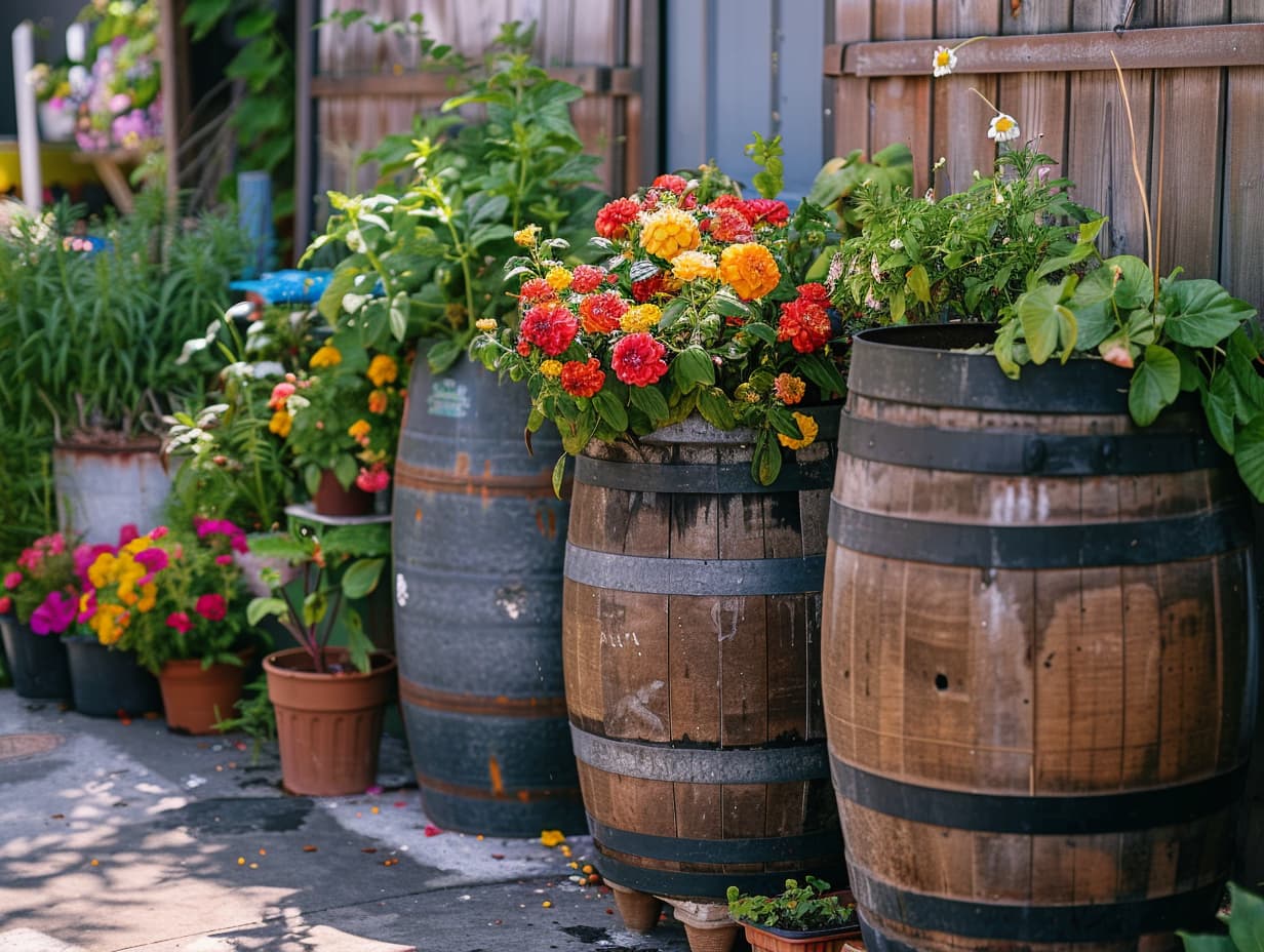 Rain barrels used for container gardening
