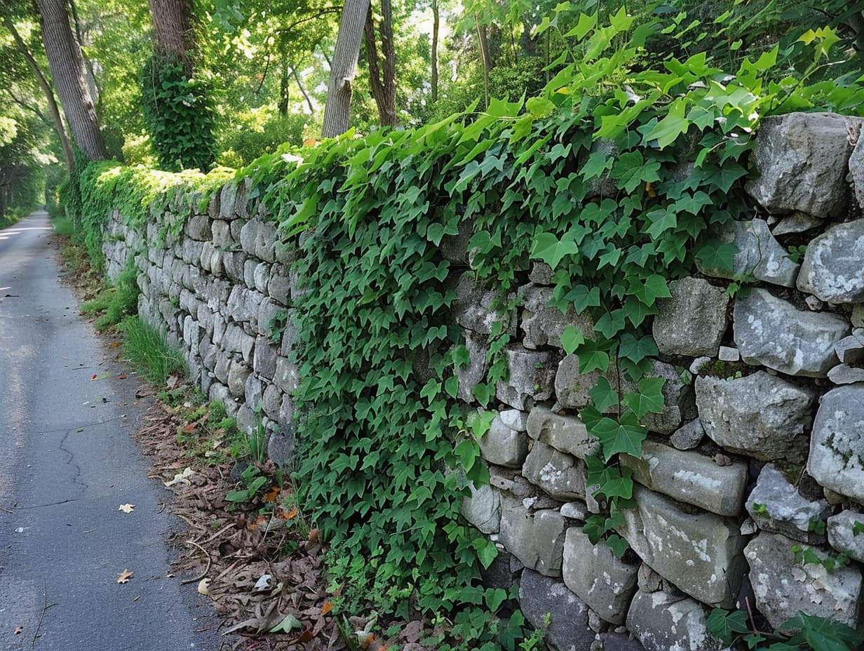 A roadside stone wall covered with climbing vines