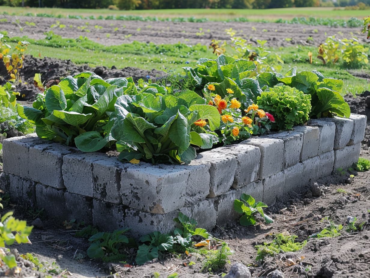 A garden bed made from concrete blocks