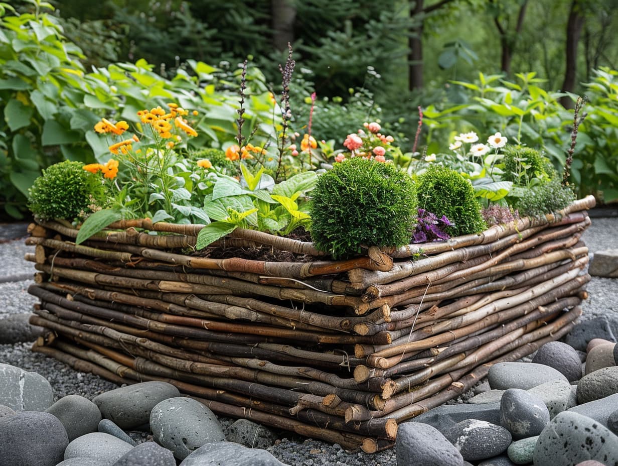 A raised garden bed made from woven willow