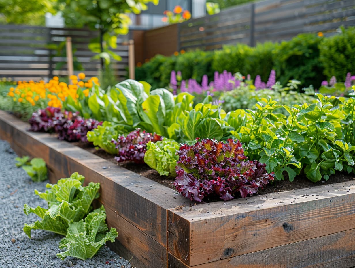 A raised garden bed with a mix of edible and ornamental plants
