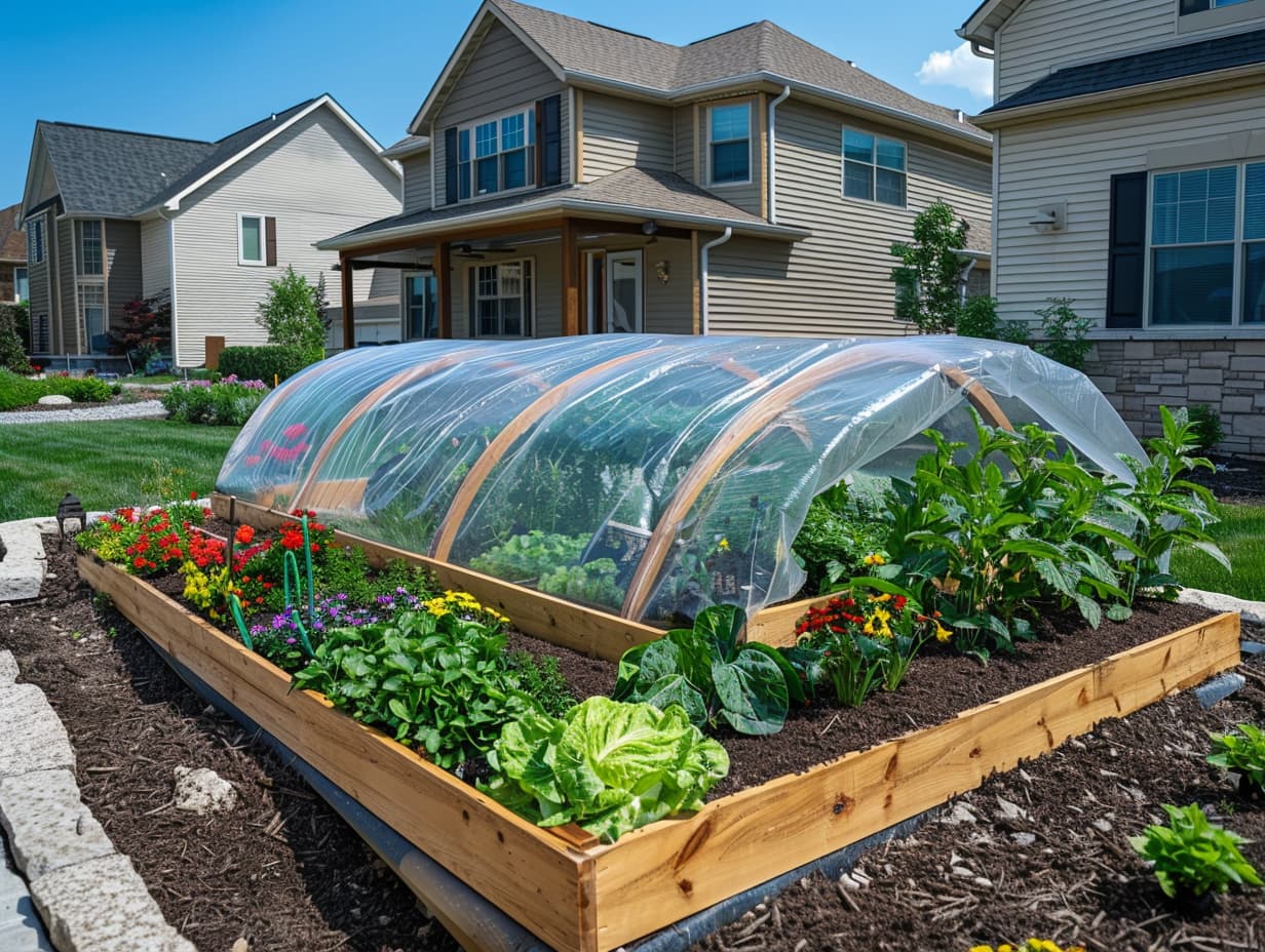 A raised garden bed covered with transparent plastic for a greenhouse effect
