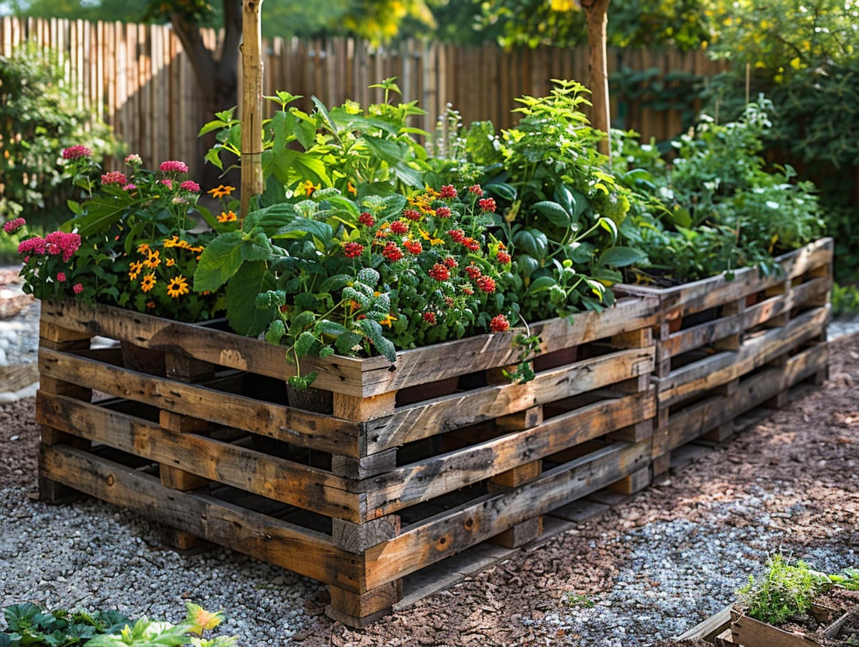 A raised garden bed made from upcycled wooden pallets