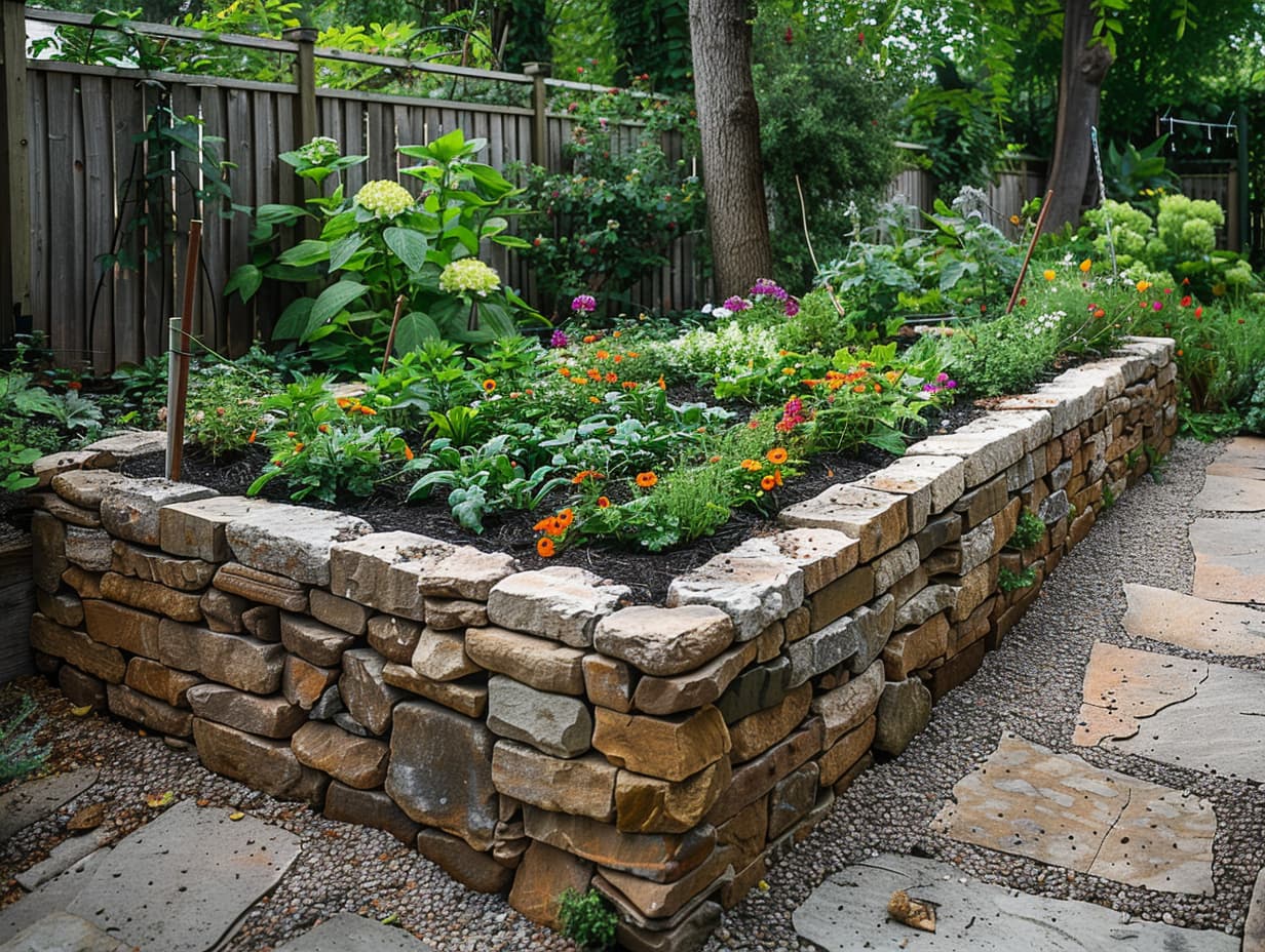 A raised garden bed designed using cut stones