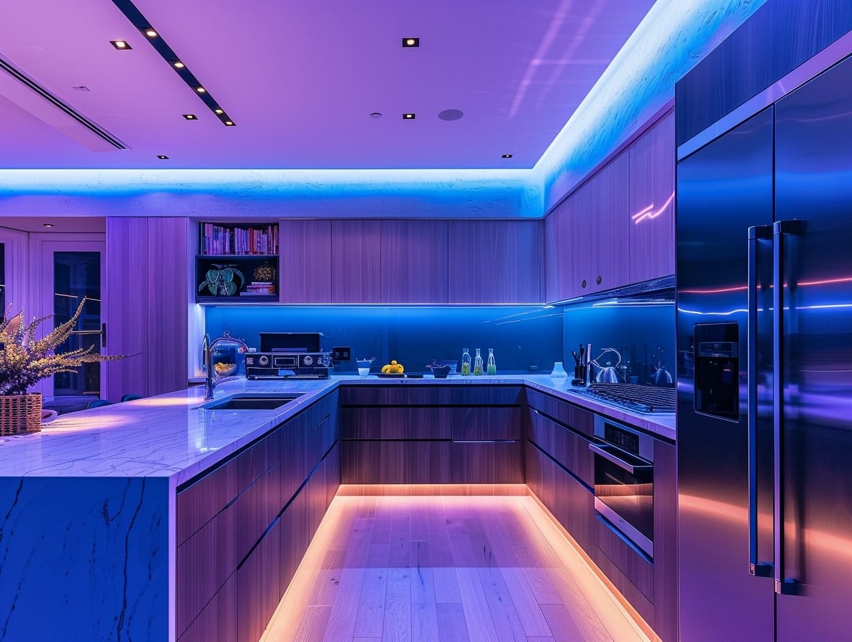 A modern kitchen with adjustable multi-color LED lighting