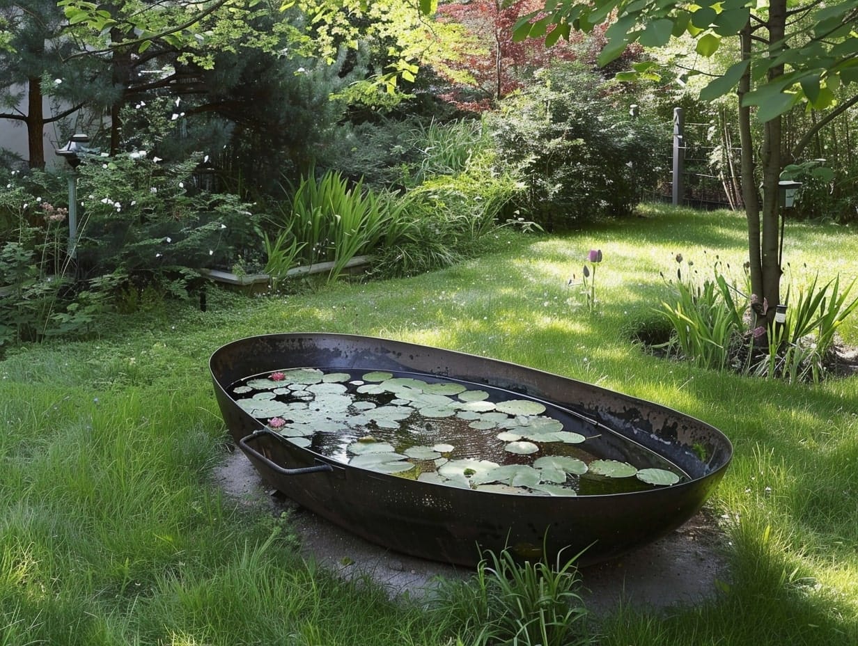 An old bathtub used as a backyard pond