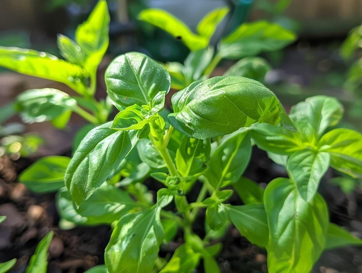 A basil plant in a garden