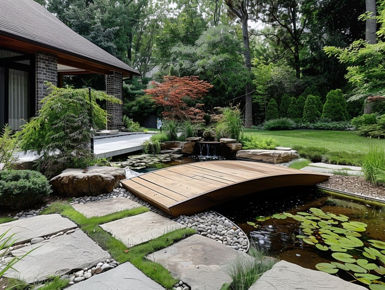 A small wooden bridge constructed above a pool in a backyard