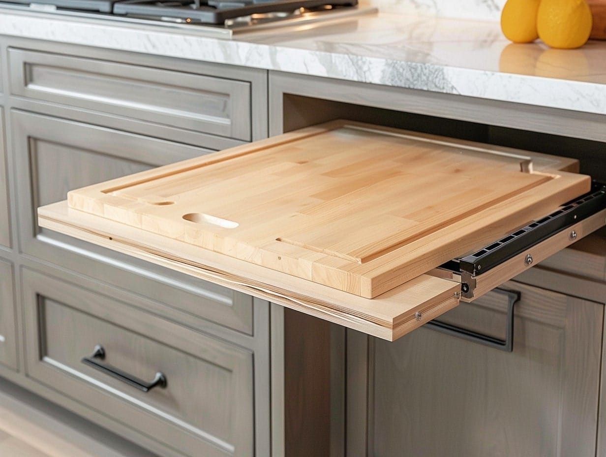 A built-in chopping board in a modern kitchen