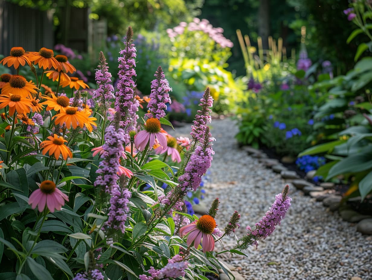 Butterfly bush plants and other flowers in a garden