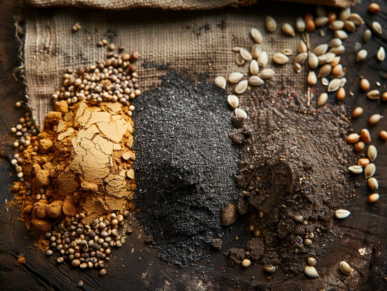 Natural clay, compost and native seeds on a wooden surface