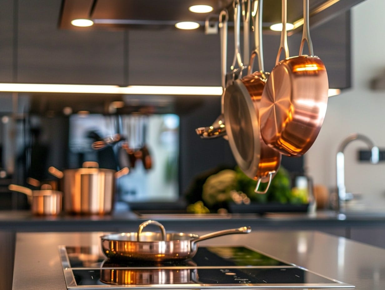 A modern kitchen with copper pants hanging and placed on the burner and counter