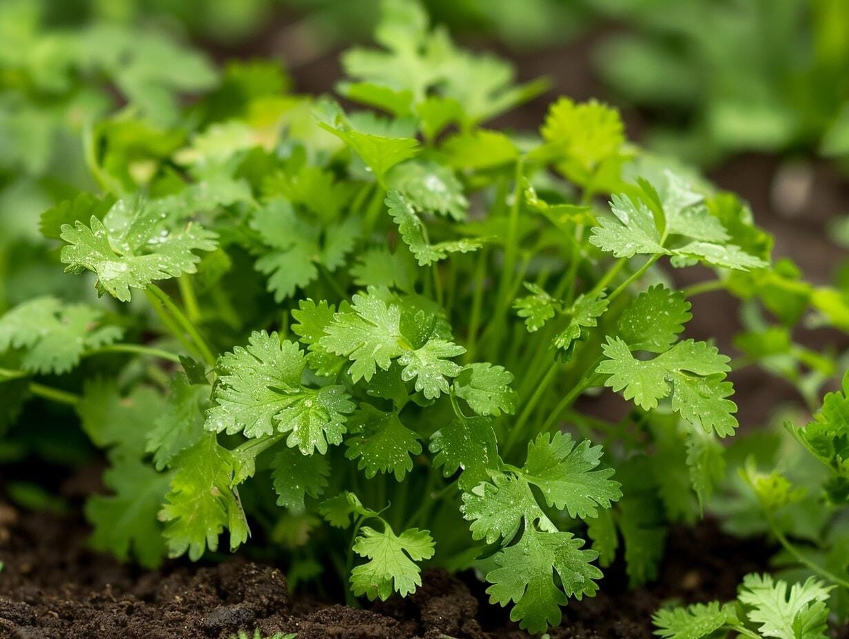 Coriander plants growing in a garden