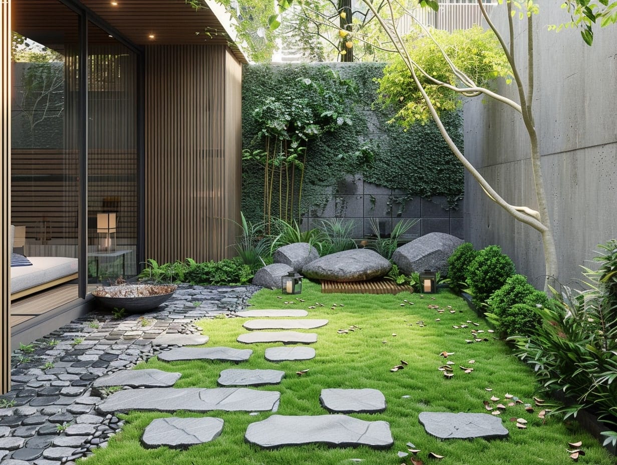 A cozy meditation area in a backyard