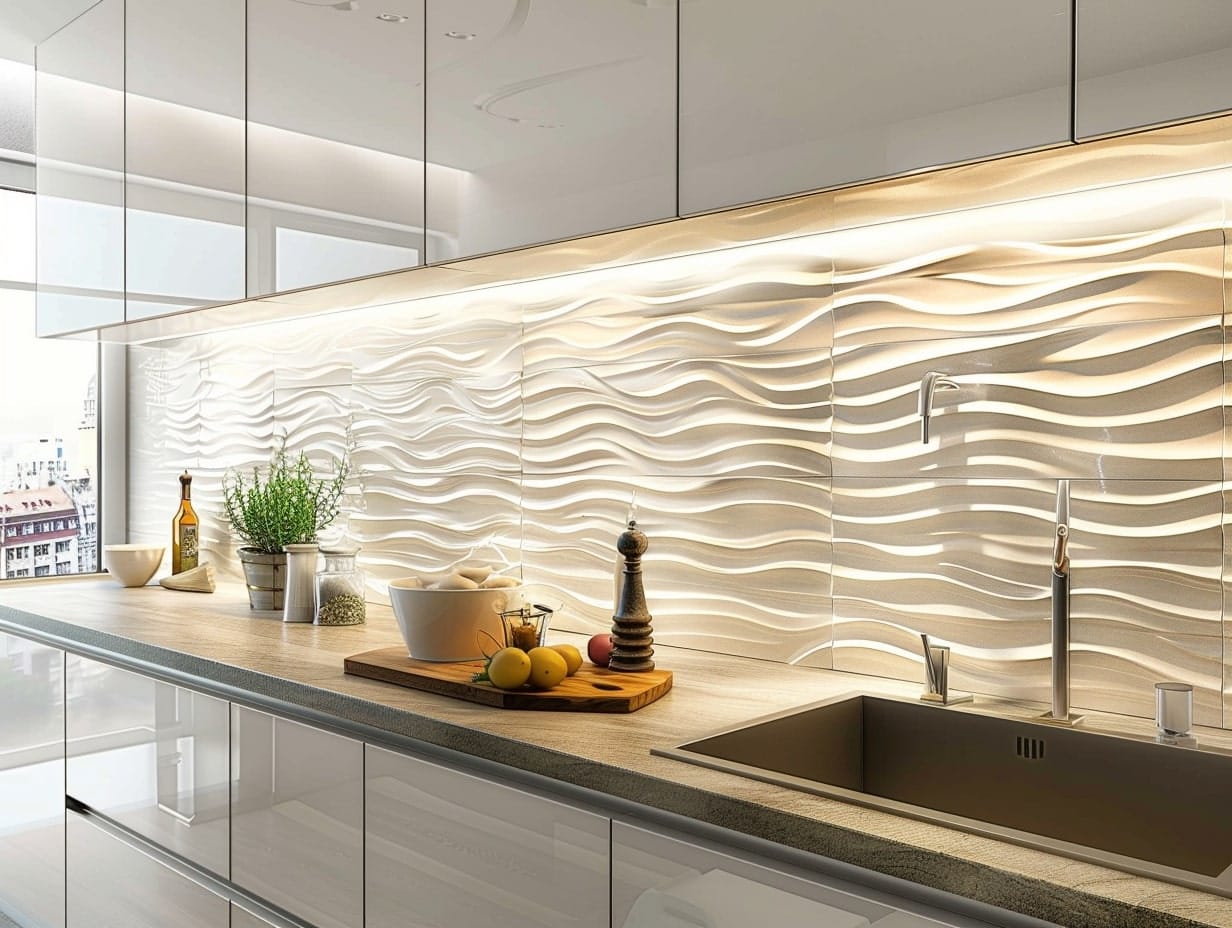 A modern kitchen with designer tiles 