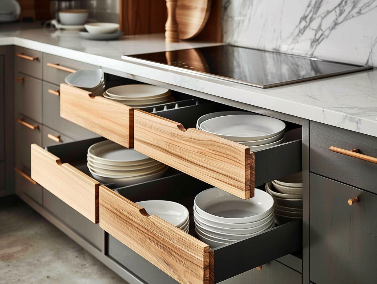 A deep drawer organizer for plates in a modern kitchen
