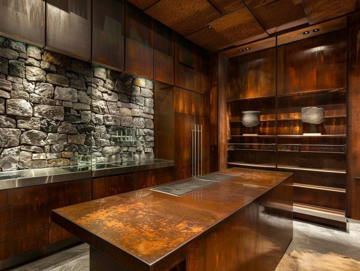A modern kitchen with different textures - wood, metal and stone