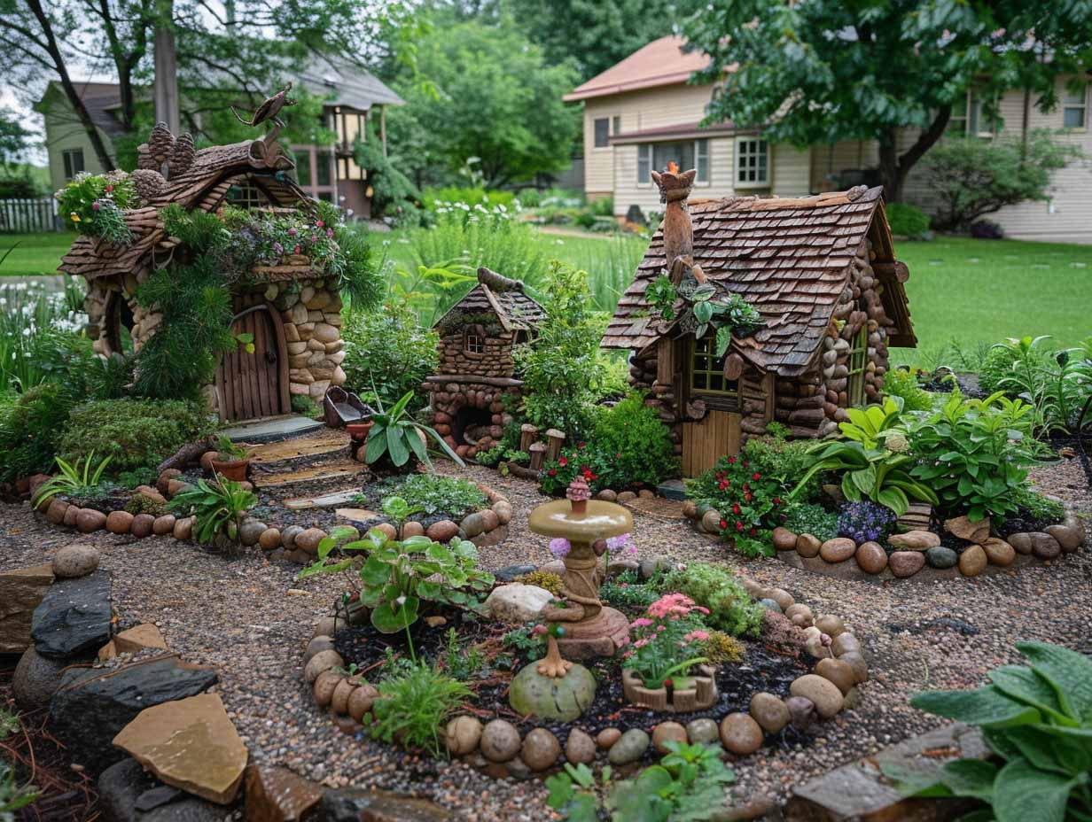 A backyard with multiple miniature garden setups