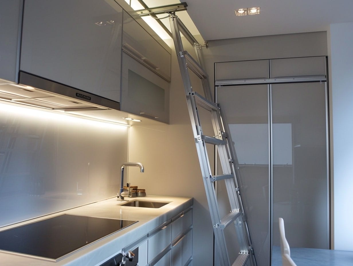A modern kitchen with a functional ladder