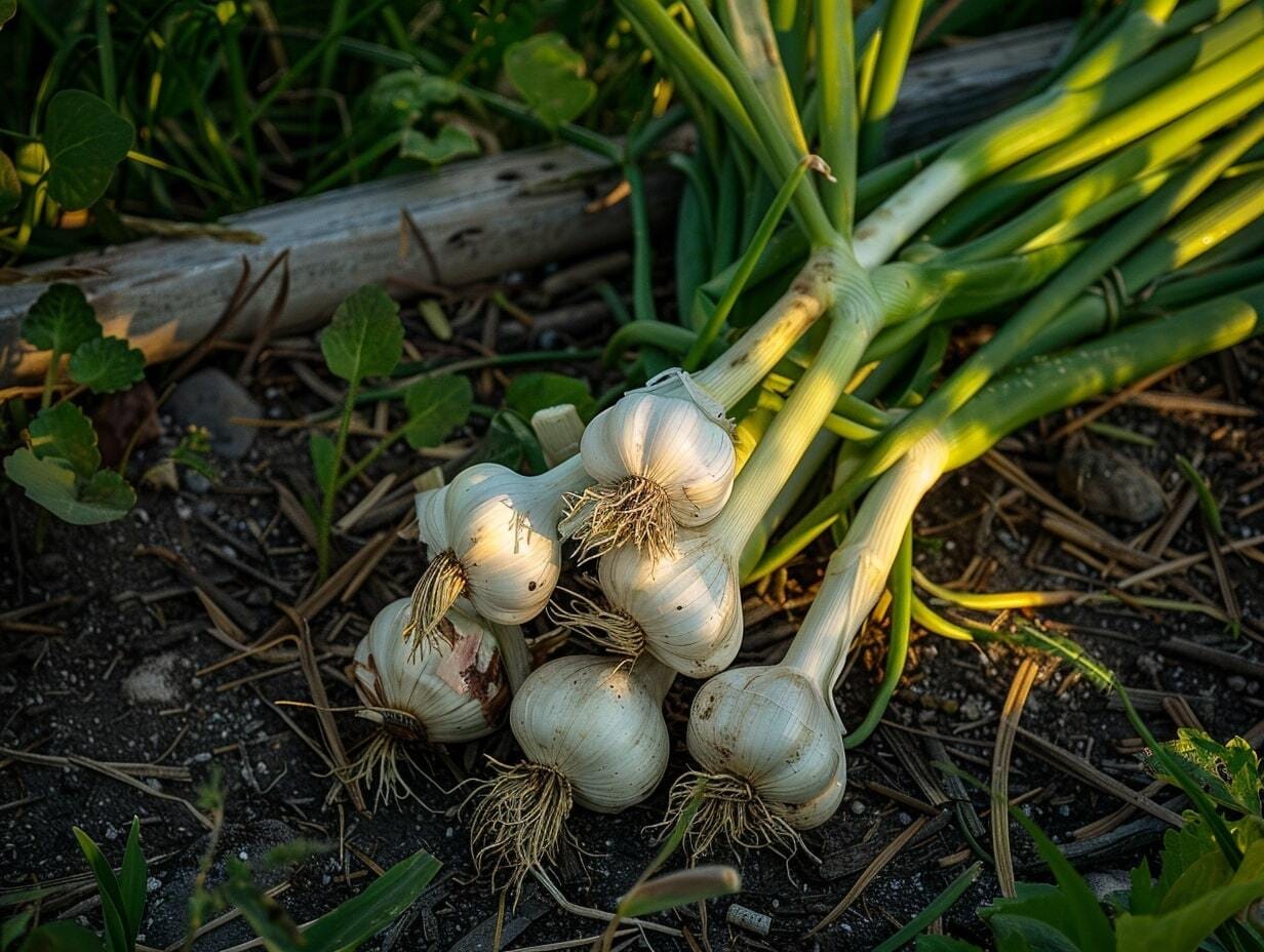 Garlic plants in a garden