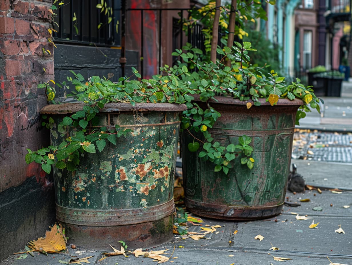Abandoned public planters on the street with growing planters